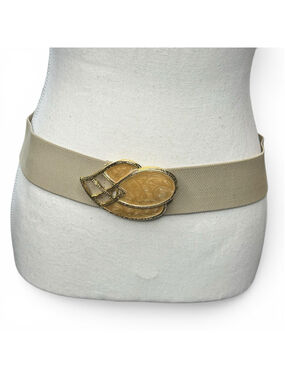 Vintage 80s Cream Stretch Belt Gold Art Deco Buckle Minimalist Retro Waist Belt